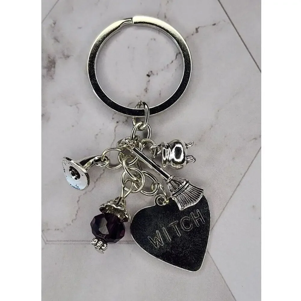 Witch Heart Bag Charm Keychain Broom Cauldron Hat Faux Crystal Silver Tone Metal